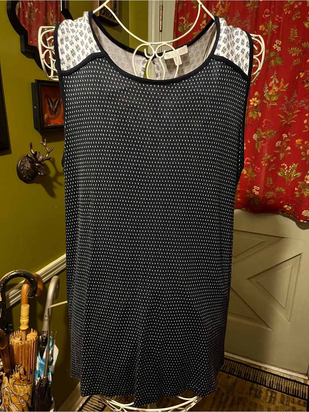 Lila Rose Navy White Polka Dot Mixed Print Knit Sleeveless Blouse 3X